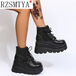 Fashion Trendy Platform High Heels Ankle Boots Women Autumn Winter Add Plush Wedges Shoes High 8cm Stylish Plus Size 36-43