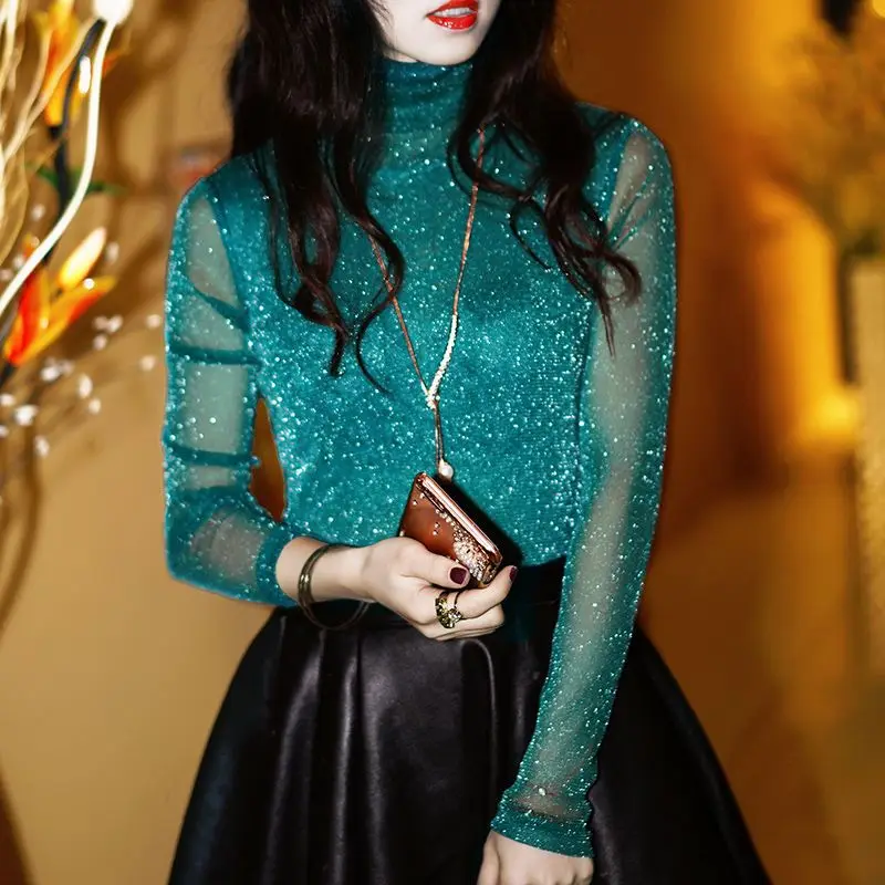 

Spring and autumn crew neck shirts, women's long sleeves, versatile slim gold and silver silk mesh tops, lace shirts