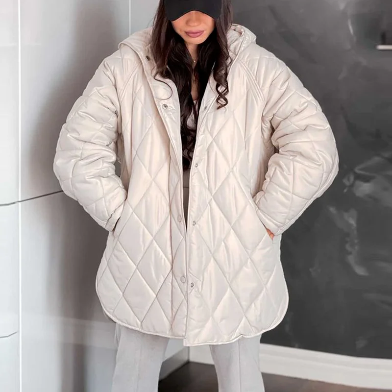 Winter parkas Oversize Vintage Plaid Hooded Parka Coat Women Casual fashion Cotton Jacket Outwear Loose Long Overcoat streetwear