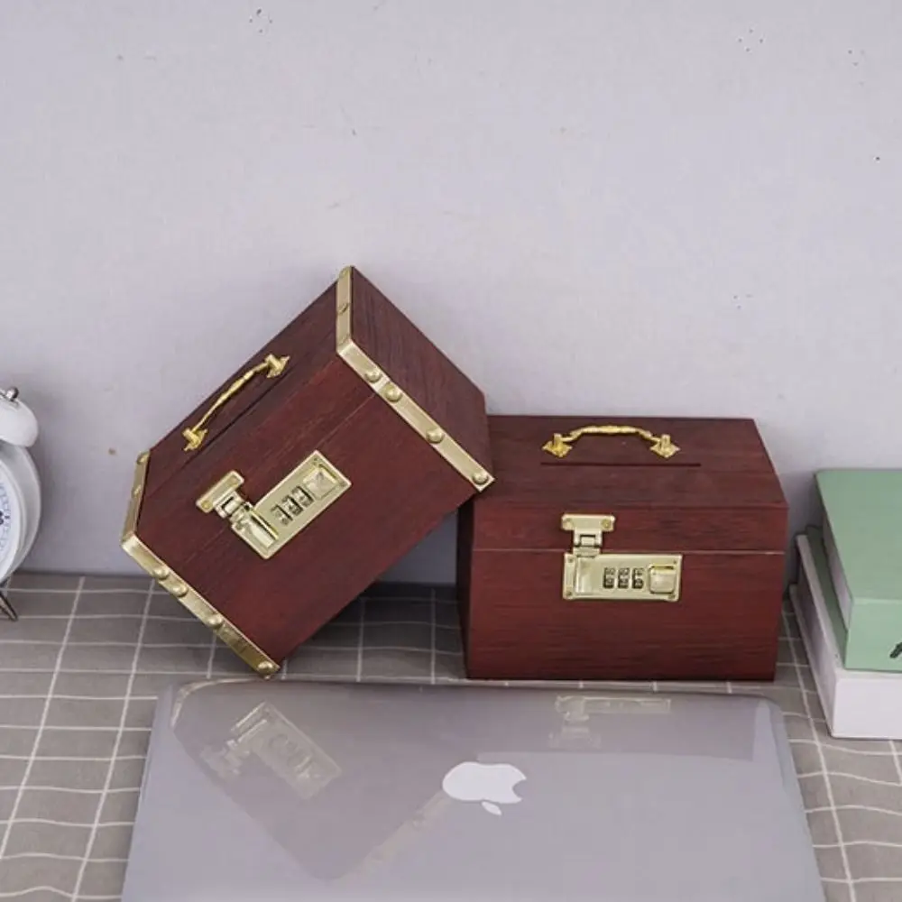 Retro Wooden Savings Tank Rectangle Chinese Style Money Tank with Password Lock Metal Handle Password Lock Money Box Gift - Image 2