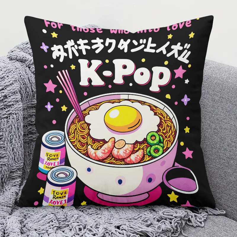 K-Pop Ramen Pillow Case, Cute Korean Food Art Cushion Cover, Anime Style Decor, Funny Dorm Room Textile, Gift for Noodle Lovers