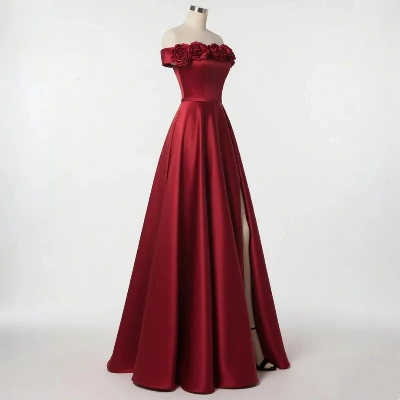 맞춤형 레드 이브닝 드레스 2025 원숄더 볼 가운 섹시 새틴 3D 플라워 파티 드레스 맞춤형