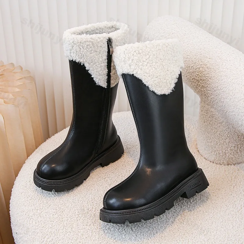 Girls' Fashion Retro Design Casual Warm Long Boots 2025 New Autumn Childrens' Comfortable Cotton Thick Soled Non Slip High Boots