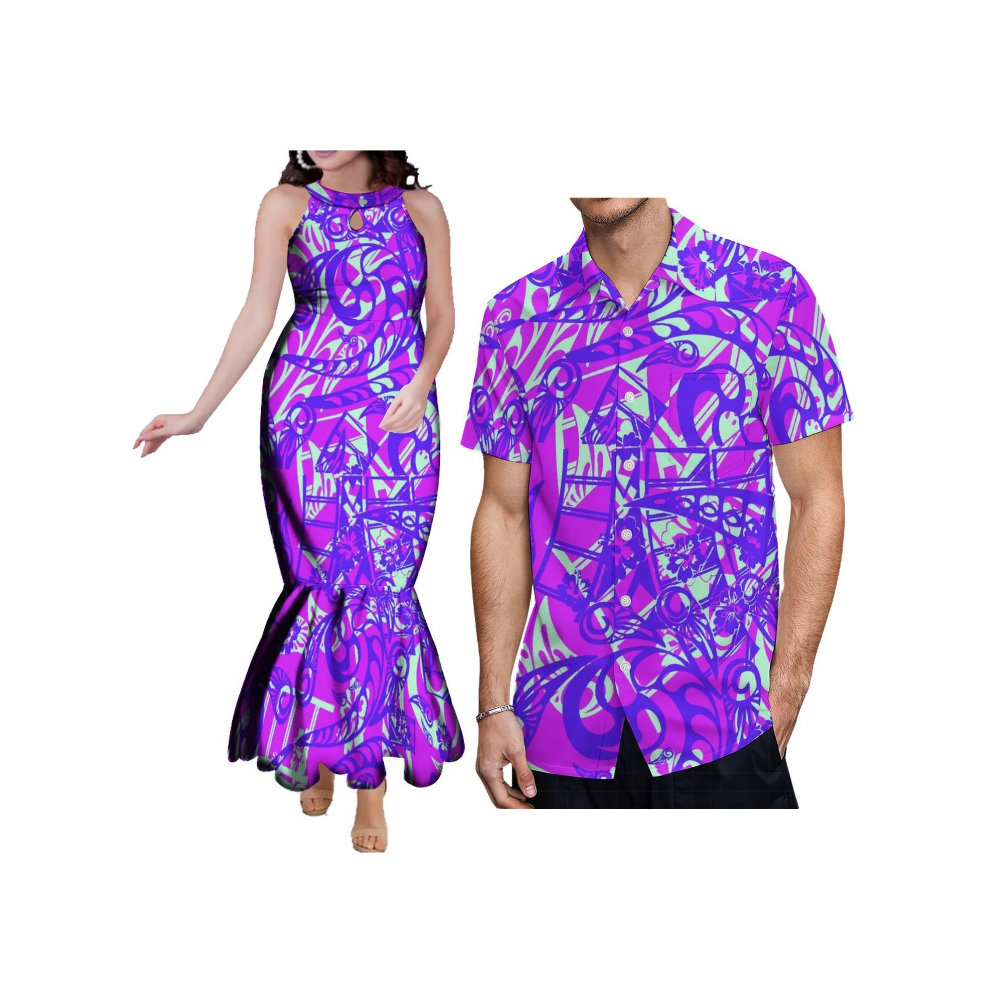 Ropa de Pareja Personalizada, Camisa Holgada Aloha para Hombre en Talla Grande, Vestido Maxi Halter con Estampado Polinesio para Mujer, Vestido de Fiesta