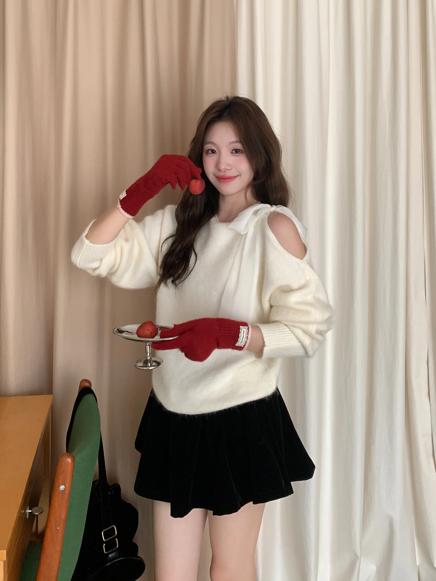 

Romantic Heart Atta Korean Sle Soft Rabbit Fur Blend Sweater with Belt Asymmetrical oulder Design Versatile Comfortable