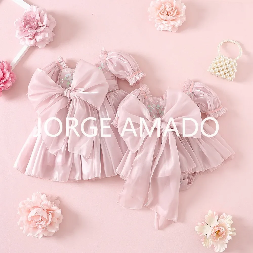 Summer Girl Sisters Matching Outfits Puff Short Sleeve Bow Bodysuit Sweet Princess Dresses Twins Daughter Party Clothing H1518-3