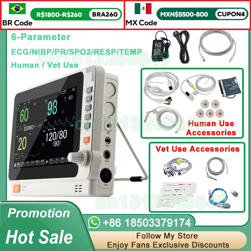 10 Inch Ultrathin Screen Human / Vet Use Portable 6-Parameter Vital Signs Monitor ECG/NIBP/PR/SPO2/RESP/TEMP Patient Monitor