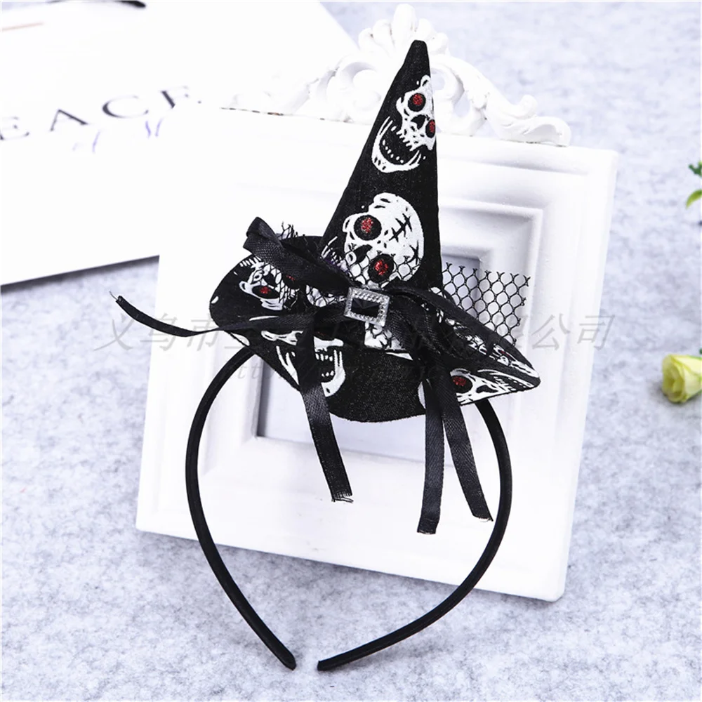 Cute Halloween Witch Headband for Women Girls Pumpkin Spider Web Skull Top Hat Hair Accessories Holiday Party Dress Up Props