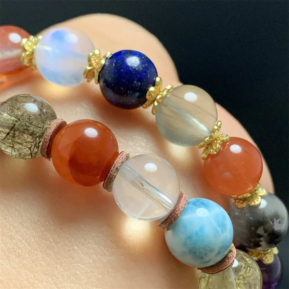 Natural Colorful Gemstones Rainbow Bracelets Women Amber Lapis Larimar Moonstone Silver Rutiled Quartz Beads Candy Bracelet AAAA