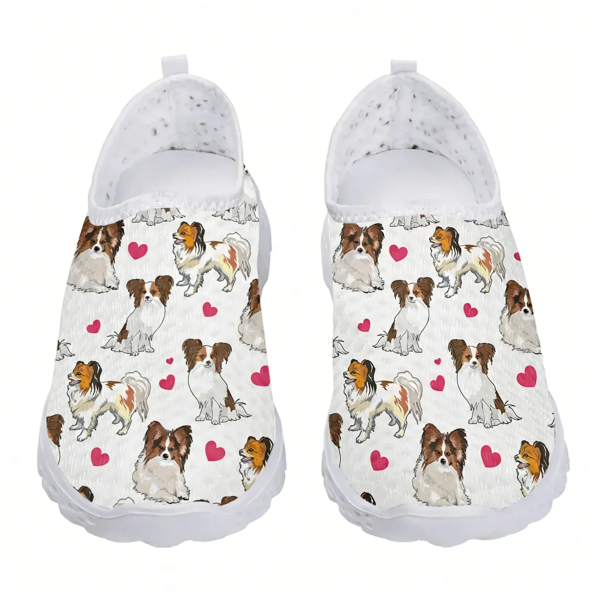 

Lovely Papillon Dog Print Heart Mesh High Quality Sneakers Women Men Teenager Casual Fashion Custom Made Tennis Flat Couple Shoe