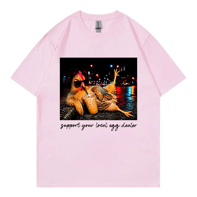 Chicken Drinking Iced Coffee Funny Graphic T Shirts Men Women Casual Fashion T-shirts Summer 100%cotton Loose T-shirt Streetwear
