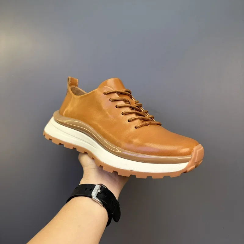 

2024 Spring And Autumn New Men's Casual Shoes Genuine Leather Thick Sole Retro Sports And Casual Shoes