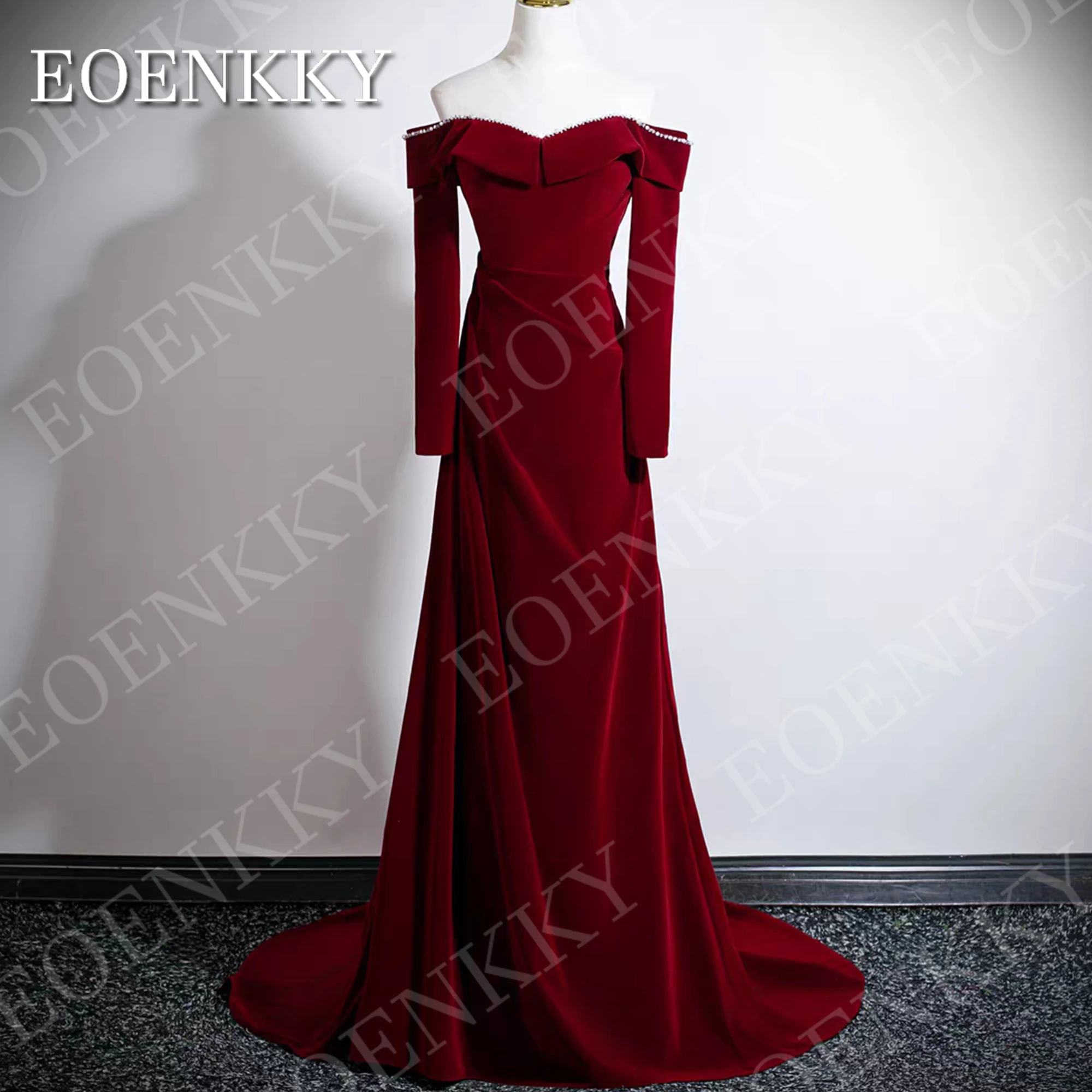 EOENKKY Velvet Evening Dresses Long Sleeve Women Elegant Burgundy Beaded Off Shoulder A Line Party Dress Customized فساتين سهرة