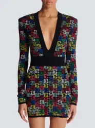 High Quality Women Long Sleeve Deep V-Neck Bodycon Mini Bandage Dress Jacquard Celebrate Evening Party Cocktail Dress Vestido