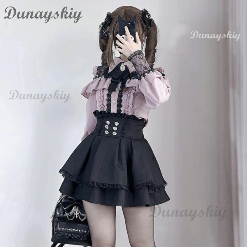 Jirai Kei Lolita Outfit Girls Long Sleeve Bow Shirt Skirt Set Womens Kawaii Y2K Japanese Aesthetic Casual Wear view 2
