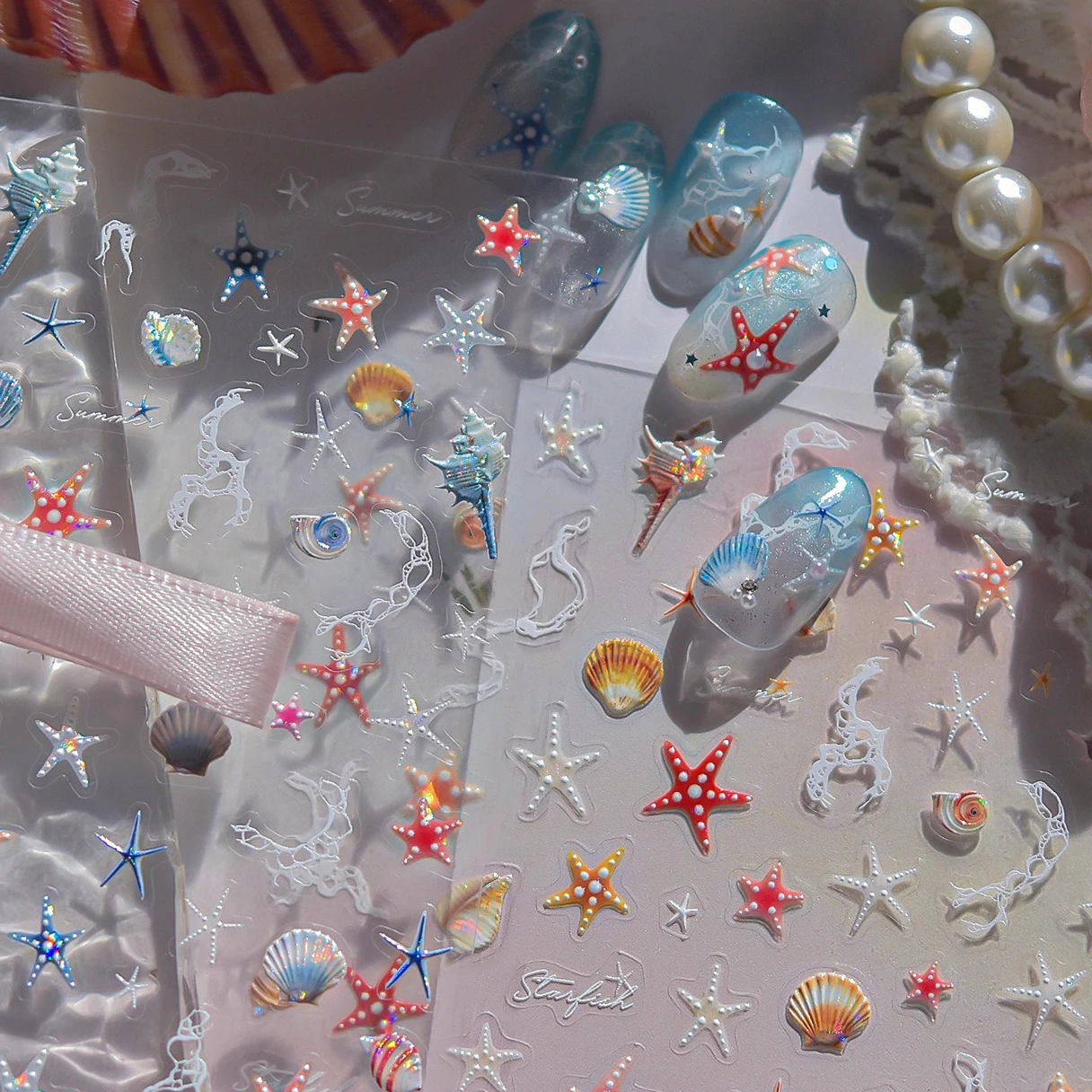 

Summer Sea Starfish Shell Conch Dolphin Coral Flower Pearl Koi Goldfish Jellyfish Beach Bowknot Nail Art Stickers Manicure Decal