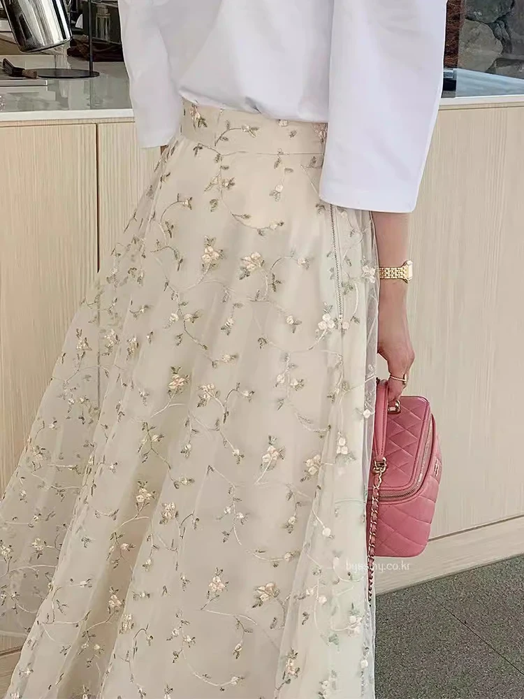 

Women Tulle Long Skirt 2024 Spring Summer Floral Print Vintage A Line High Waist Mid-length Mesh Skirt Female