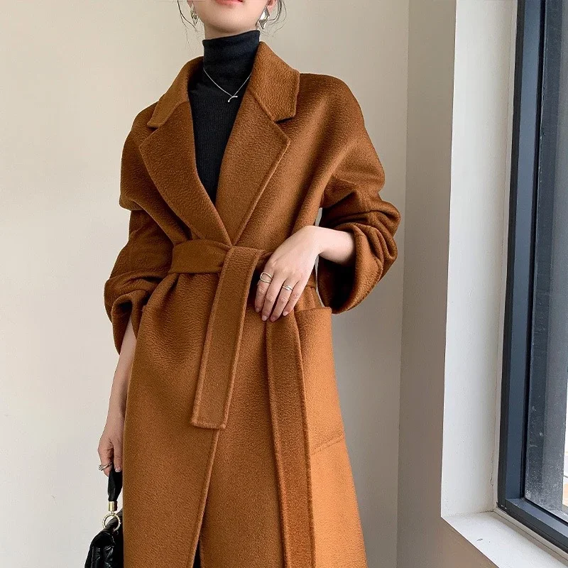 

RosEvans Cashmere Wool Water Ripple Coat Women Loose Fashion Large Lapel Bathrobe Hepburn Style Winter Wool Coat Women 2024