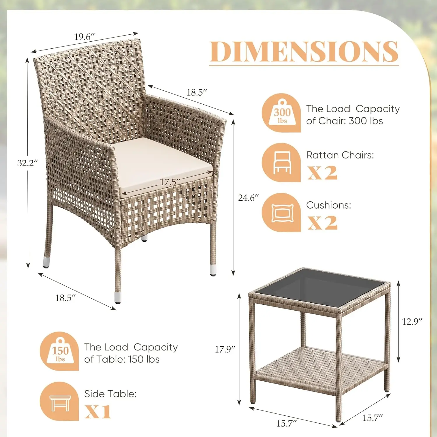 3-Piece Patio Furniture Set,Outdoor Wicker Conversation Furniture Sets Modern Star-Patterned Openwork Rattan Chairs with