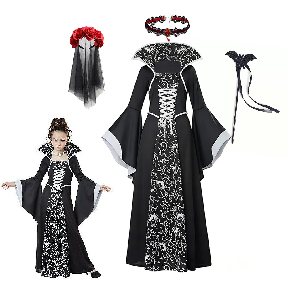Girls Vampire Bride Cosplay Long Dress Kids Gothic Role‑Play Outfit with Flower Headwear Halloween Fancy Costume for Carnival image 4