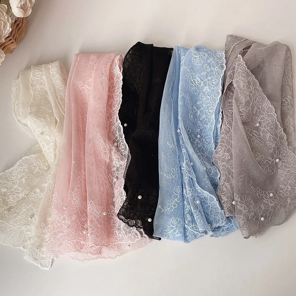

Spring Summer Thin Silk Scarf Soft Pearl Decorative Small Long Scarf 153x30cm Embroidered Flower Women Lace Shawl