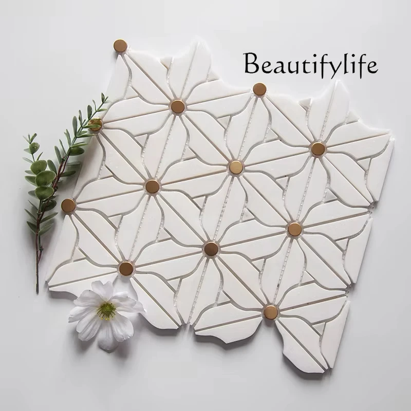 

Water Jet Flower Marble Mosaic Brass Inlay Tile for Kitchen Backsplash And Bathroom Wall - Elegant Decorative Tile