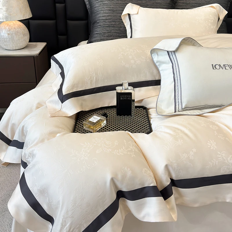 

Premium Lyocell Cotton Soft Silky Breathable Jacquard Luxury Bedding Set Duvet Cover Set Bed Sheet/Fitted Sheet Pillowcases 4Pcs