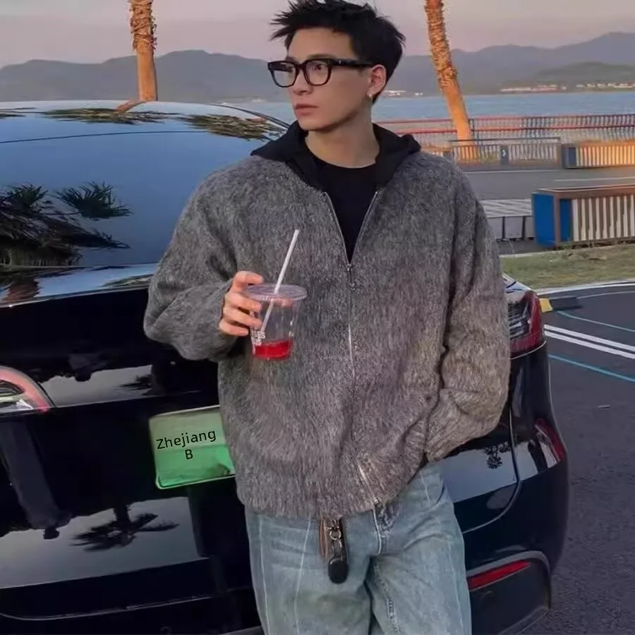 

Теплая толстовка на молнии с капюшоном, вязаный свитер, мужской модный осенне-зимний повседневный свитер, полиэфирное волокно, обычный све, молодежный