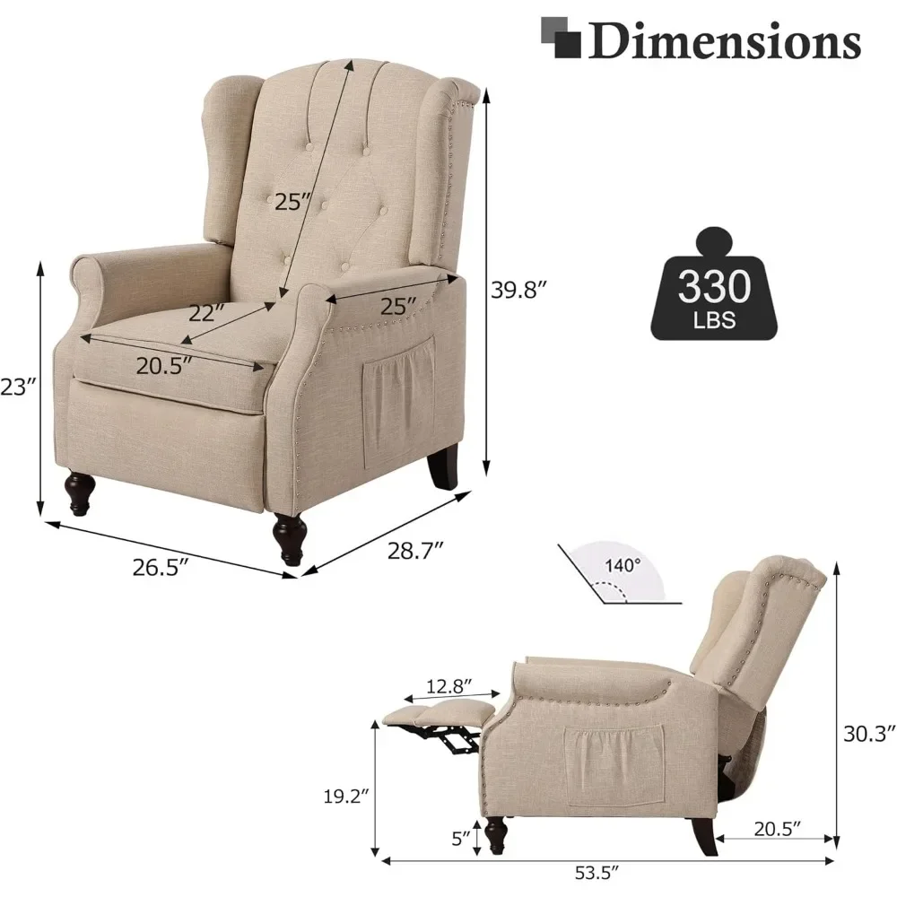 Recliner Wingback Chair-Tufted Arm Chair Recliner-Massage Recliner Chair with Heat-Fabric Push Back Recliner with Remote Contro