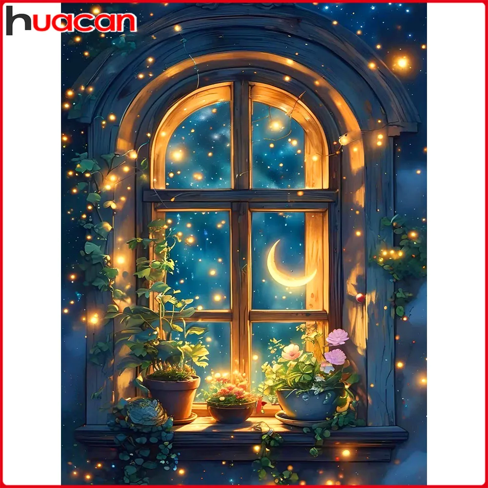 Huacan 5D-Diamantgemälde zum Selbermachen, Mond, Fenster, Blume, Diamant-Mosaik, Landschaft, neue Kollektion, dekorative Gemälde