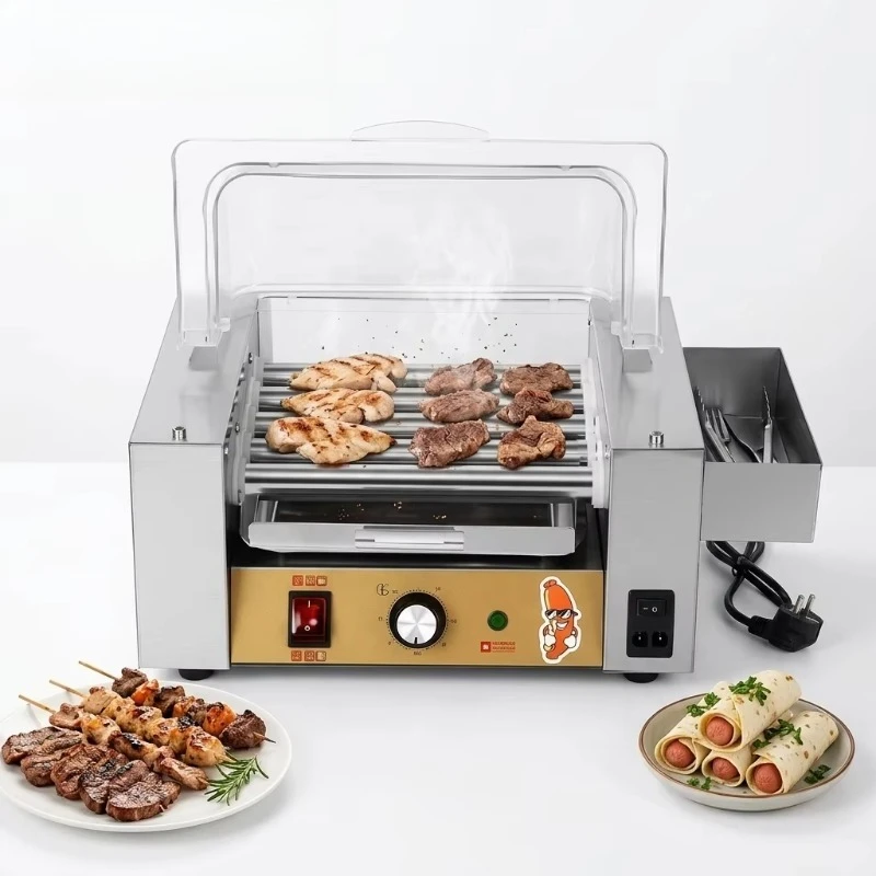 Mini 5 Rollers Electric Stainless Steel Hot Dog Roller Grill with Round Cover Commercial Sausage Roaster Machine Snack Shop