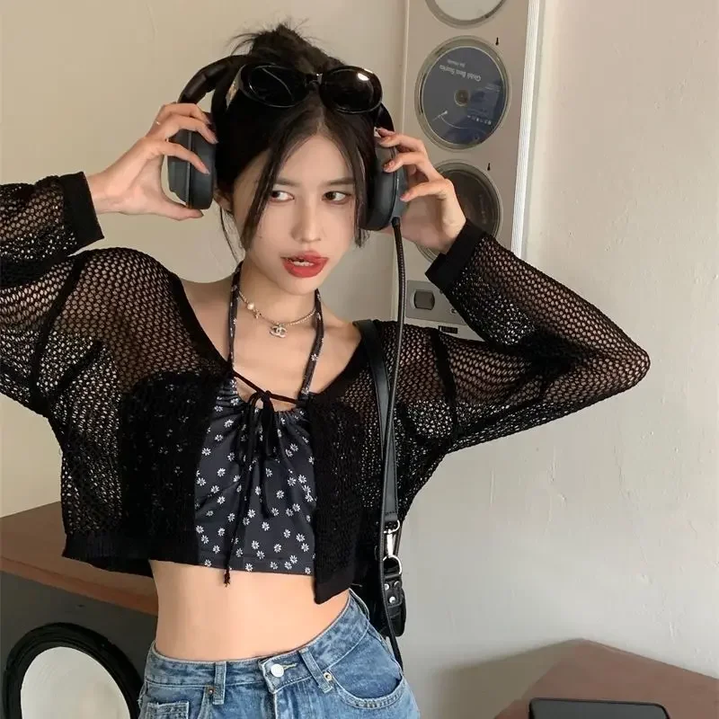 

Hollow Out Cardigan Women Summer Thin Crops Preppy Style Popular Y2k Streetwear Korean Knit Simple Female Pure Sun-proof Casual