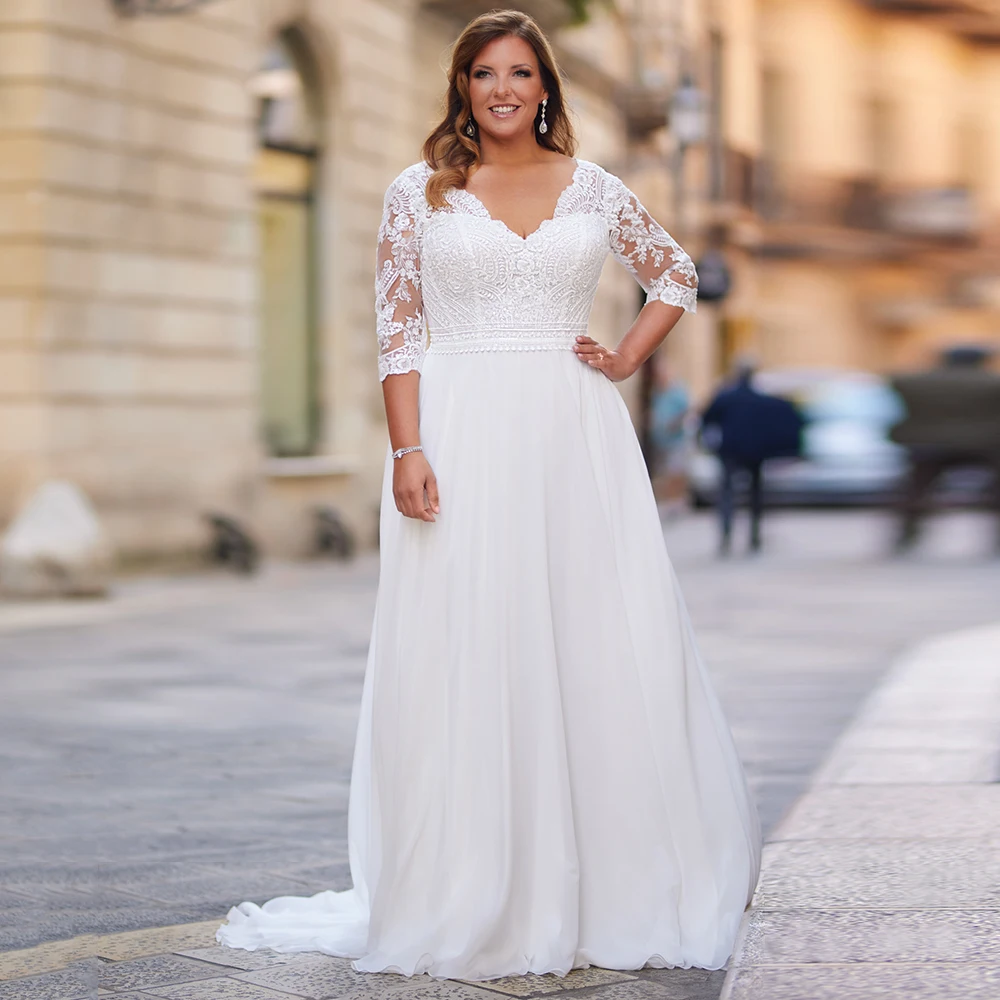 

Customized Classic Chiffon Plus Size Wedding Dress for Bride Lace V-Neck Appliques 3/4 Sleeves Bridal Gowns with Zipper Back