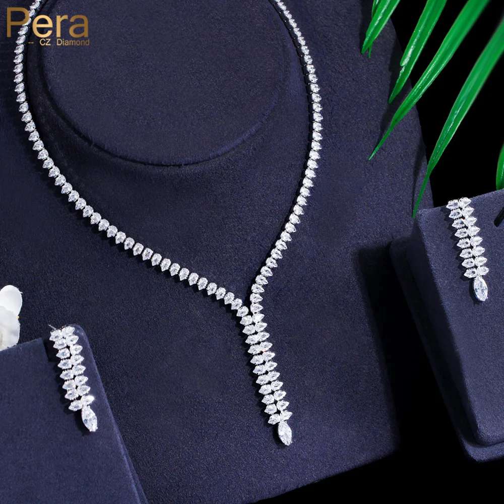 Pera Incomparable White Cubic Zirconia Long Double Teardrop Pendant Necklace and Earrings for Bridal Wedding Jewelry Sets J250