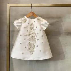 Flower Girl White Dress Children Birthday Baptism Dresses For Kids Elegant Lace Bow Frocks Girls Boutique Party Wear Gown A1133