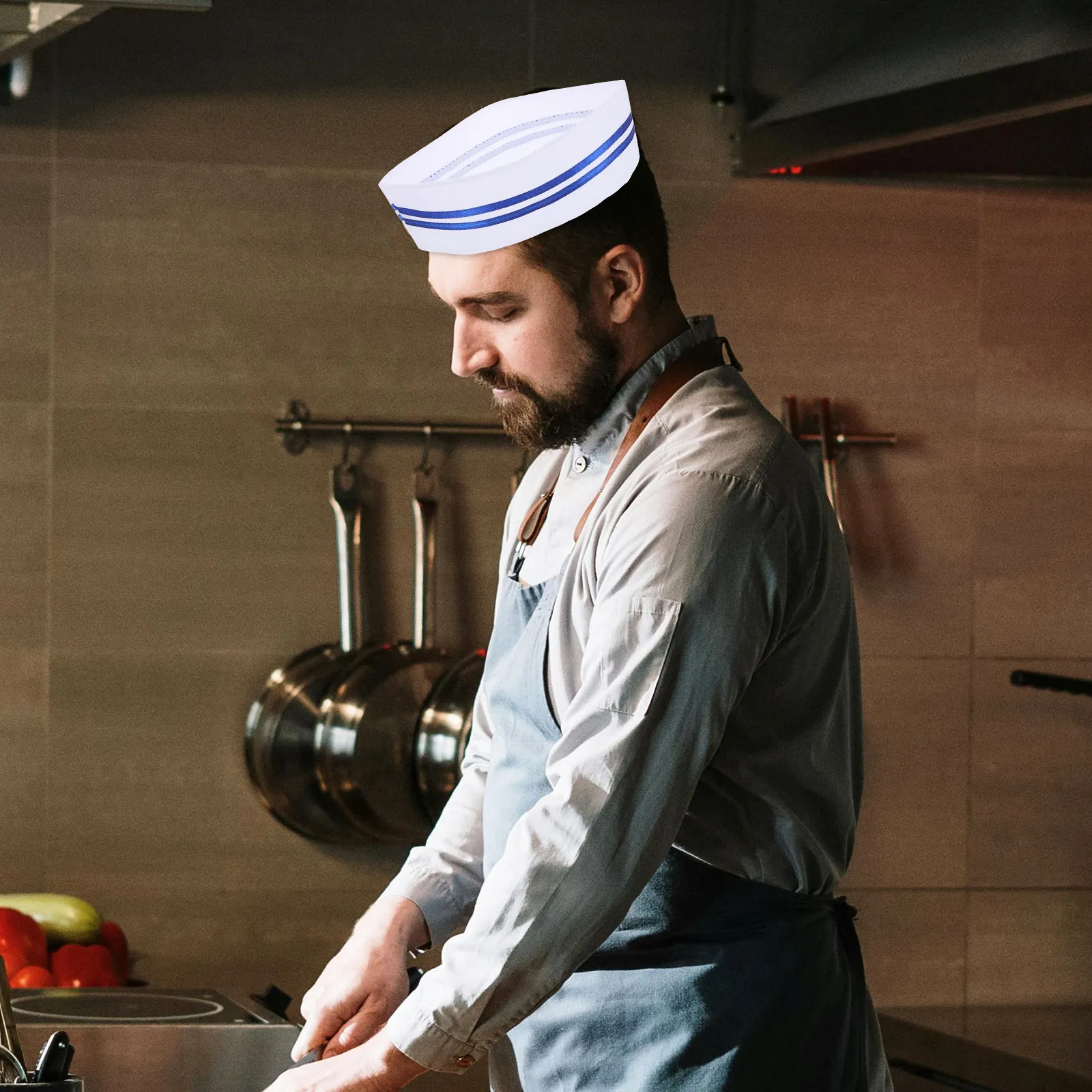 Chef-kokmuts met blauwe rand, unisex keukenmuts voor dames en heren, bakkerij, koken, restaurant, catering, foodservice, kleine chef-kokmuts