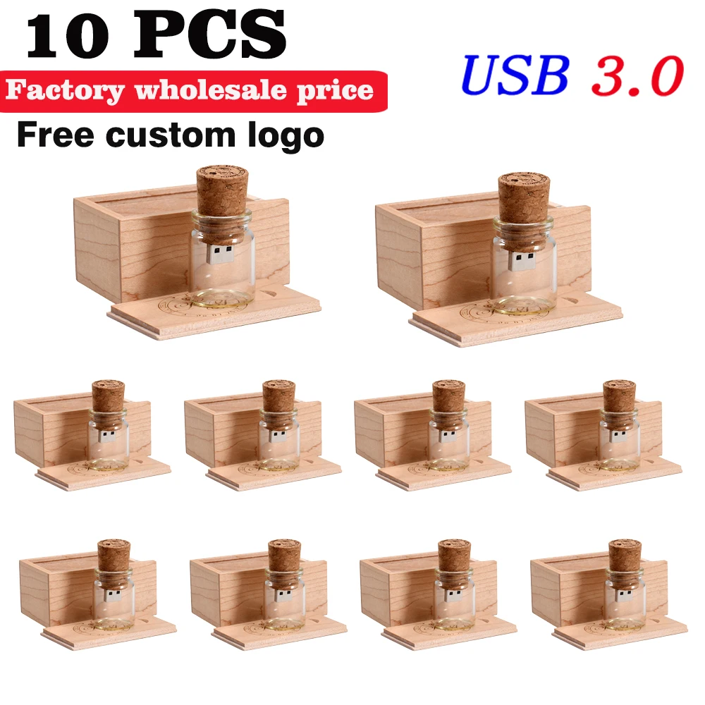 

10 шт. в партии USB3.0, бесплатный индивидуальный флэш-накопитель с логотипом, 128 ГБ, дрейфующая бутылка, 64 ГБ, деревянная коробка, флэш-накопитель USB 3.0, свадебный подарок