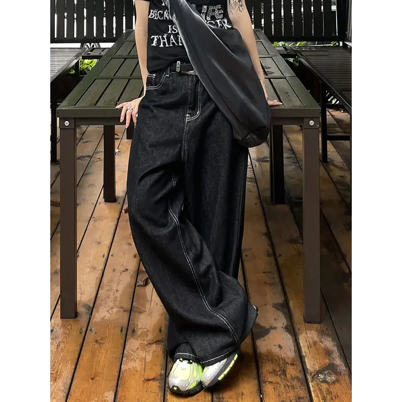 

❤❤2025 HOUZHOU Vintage Embroidery Black Women Oversized Streetwear Grunge Y2k Baggy Denim Trousers Boyfriend Jeans New ★☆