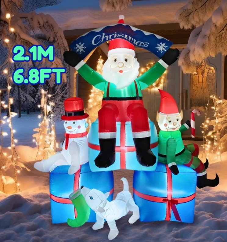 6.8ft brinquedo inflável decorações de natal inflável papai noel boneco de neve elf cão caixas de presente casa quintal ornamentos luzes led