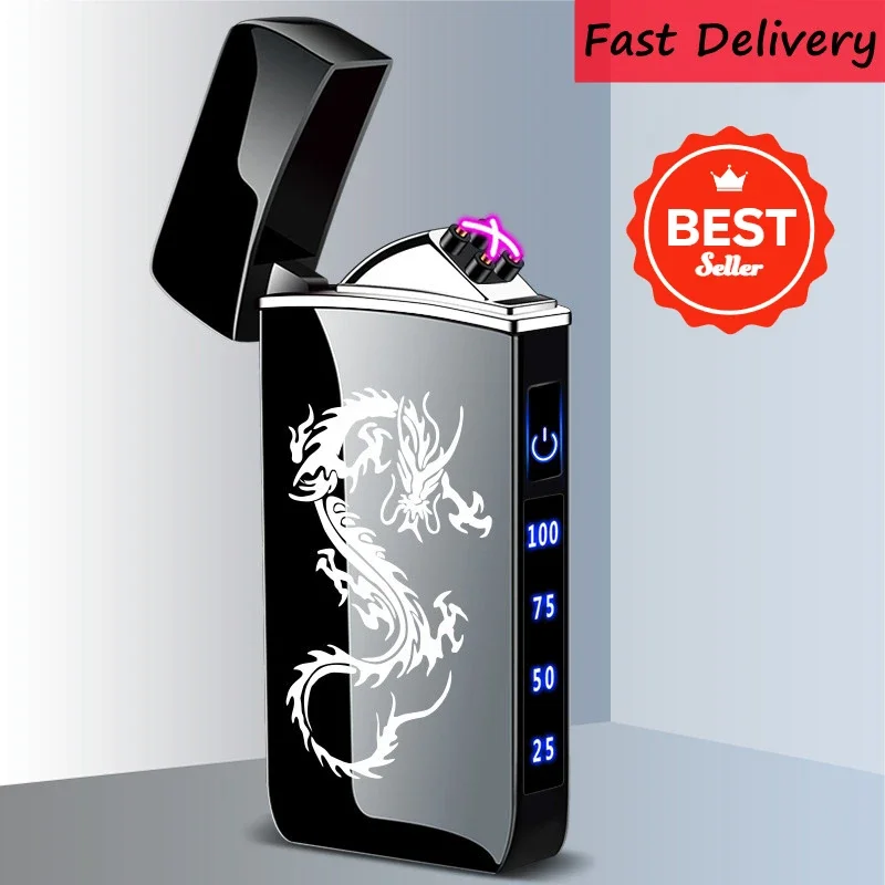 Touch Sensing Metal Electric Outdoor Windproof Lighter Dual Arc Flameless Plasma USB Rechargeable Lighters Digital Power Display