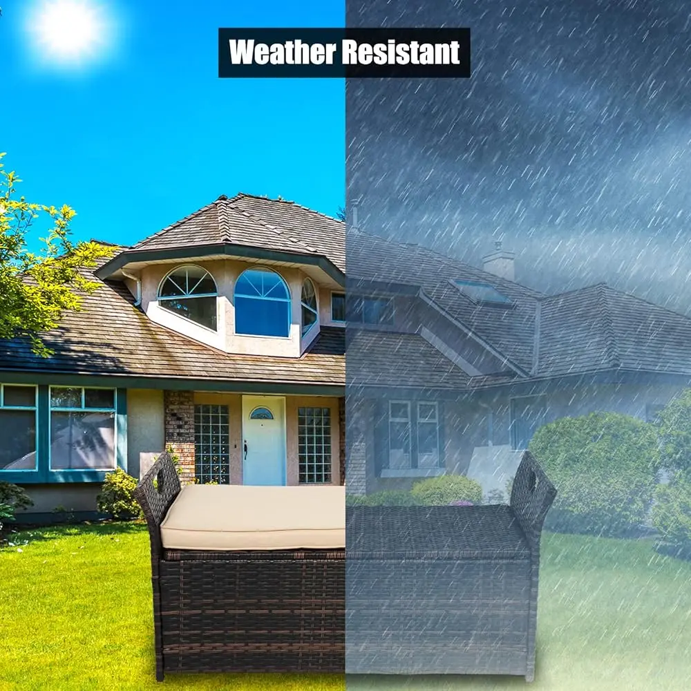 40 Gallon Outdoor Rattan De Box W/Cushion, Patio Wicker Storage Box For Tools And Supplies, Garden De Storage Bin For Balcony,