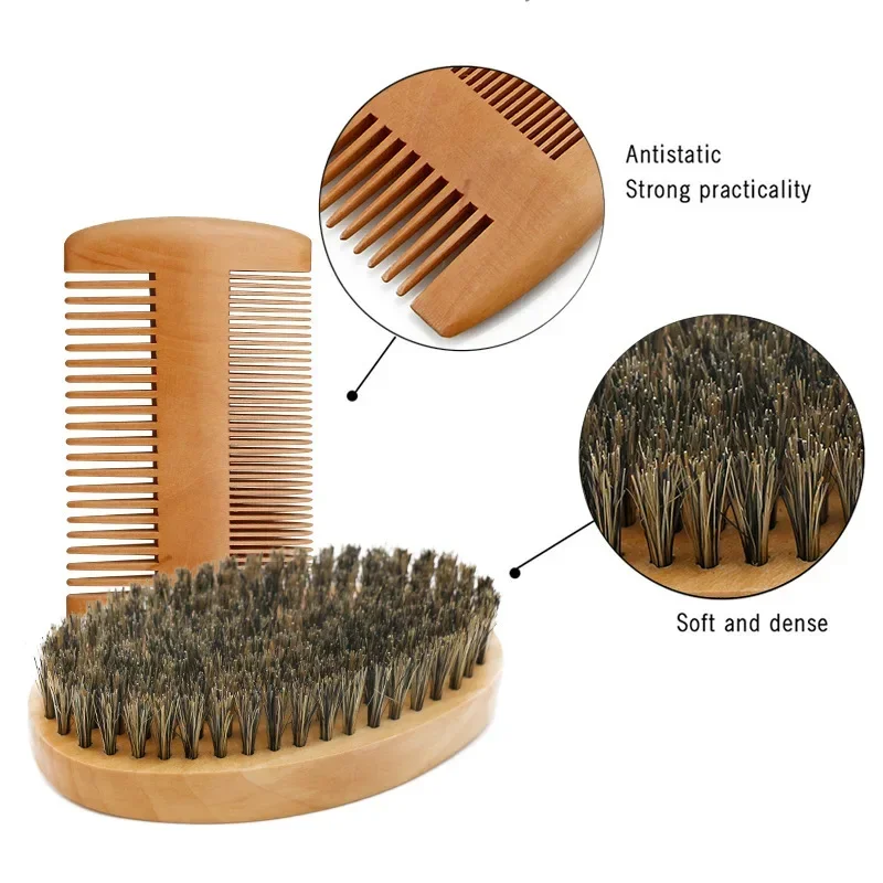 Professional Soft Boar Bristle Wood Beard Shaving Brush Men Mustache Comb Kit With Gift Bag Hairdresser Brush Hair Combs