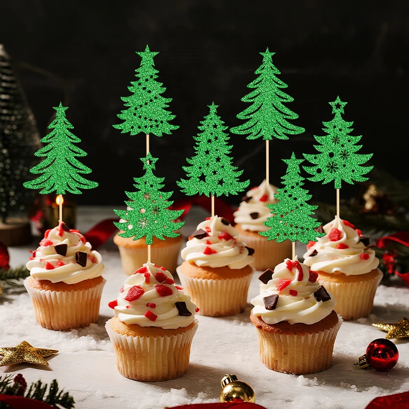 YOMDID 24 Stück Weihnachtsbaum-Cupcake-Topper, glitzernde Weihnachtsbaum-Kuchendekoration, Winter-Weihnachtsbaum, Schneeflocke, Cupcake-Picks – Detail 1