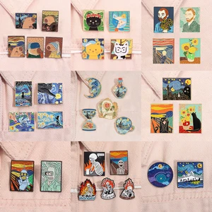 3-5 buah / set Pin Enamel Seri Lukisan Cat Minyak Van Gogh Jeritan Langit Berbintang Bunga Matahari Seni Bros Kerah Lencana Perhiasan Hadiah 10 pin makanan penjualan terbaik - №