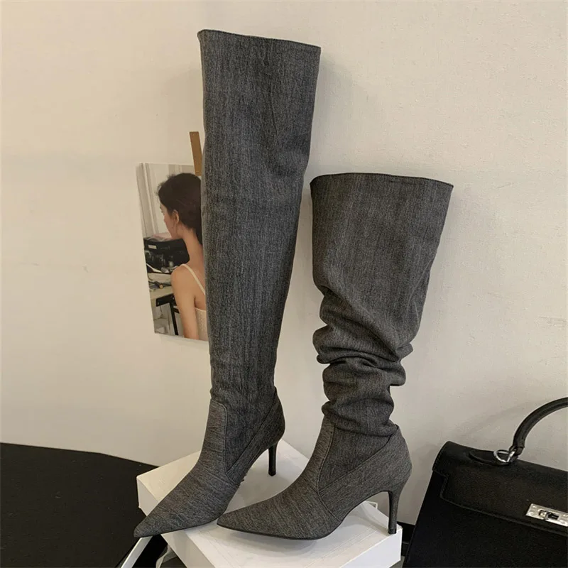 

Aneikeh/зимние модные плиссированные джинсовые длинные сапоги выше колена, женская обувь на тонком каблуке с острым носком, вечерние женские туфли для стриптиза