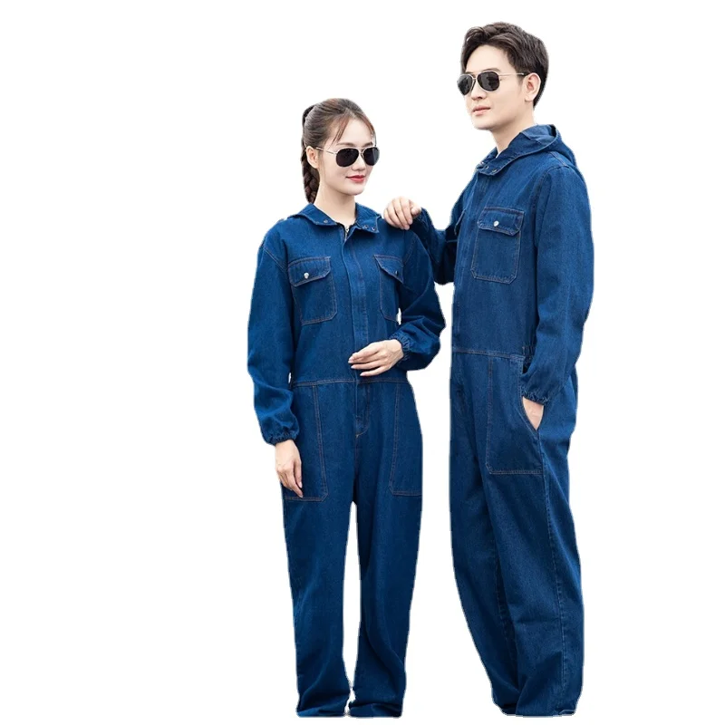 

Denim Coveralls Electric Welding Suit Labor Insurance Clothes Auto Repairman Workwear Hooded Overalls 170/175/180/185/190cm 4XL