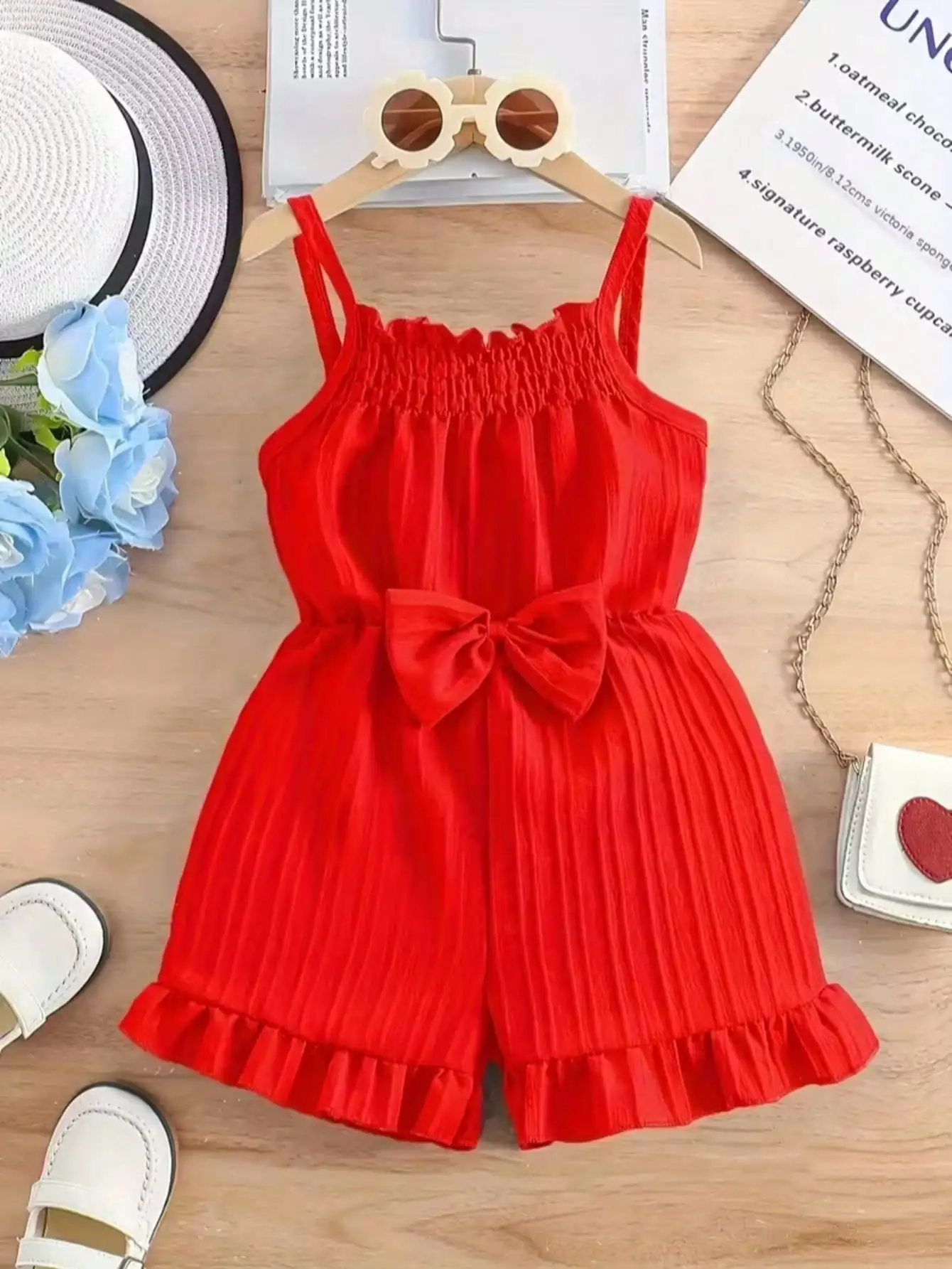 Kids' Casual Elegant round Neck Suspender Jumpsuit Solid Color Bow Waist Cinching Shorts Comfortable Fit Children's Outfit