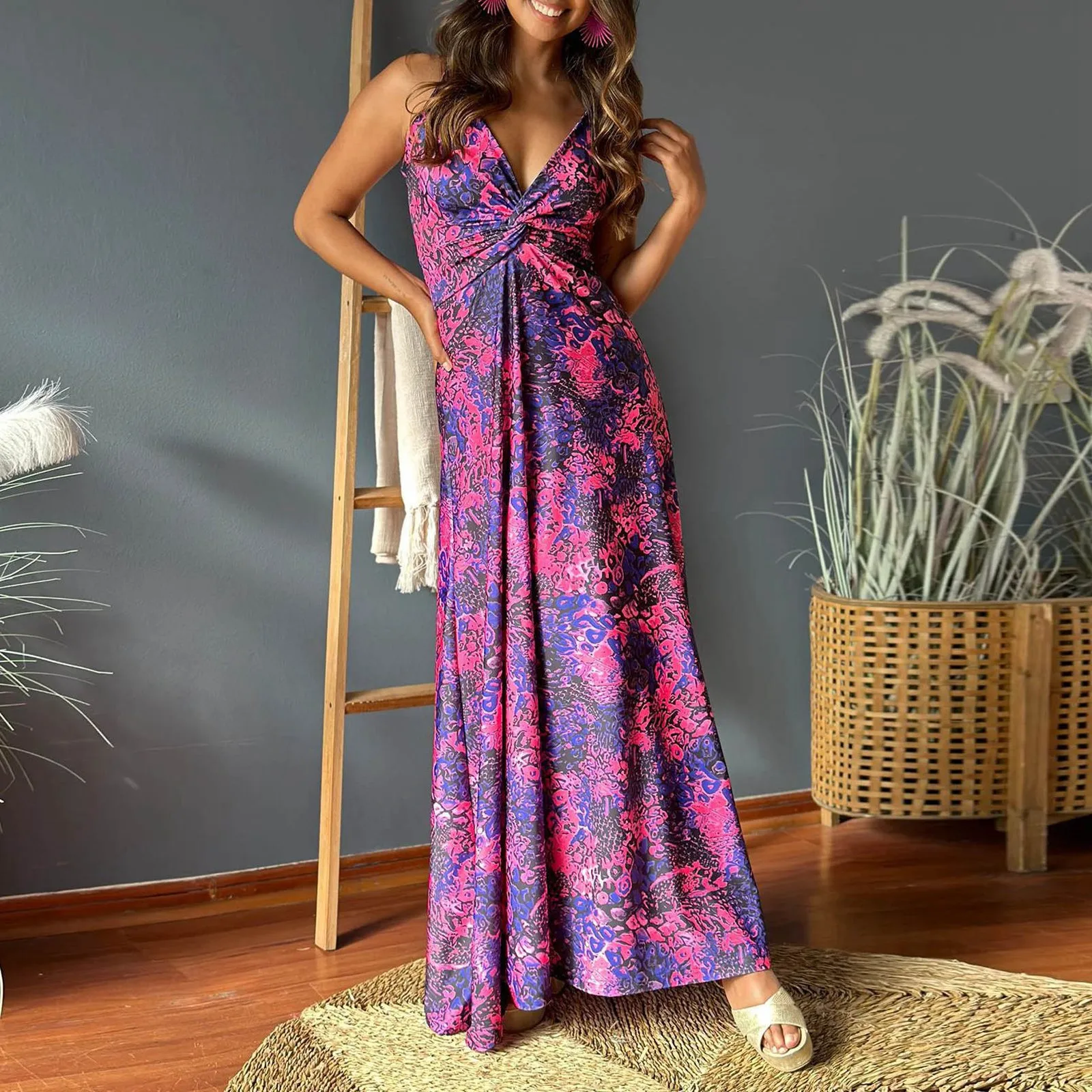 Vestido bohemio largo hasta el suelo para mujer, vestido largo con tirantes finos, Espalda descubierta, Swing grande, informal, con nudo envuelto para vacaciones