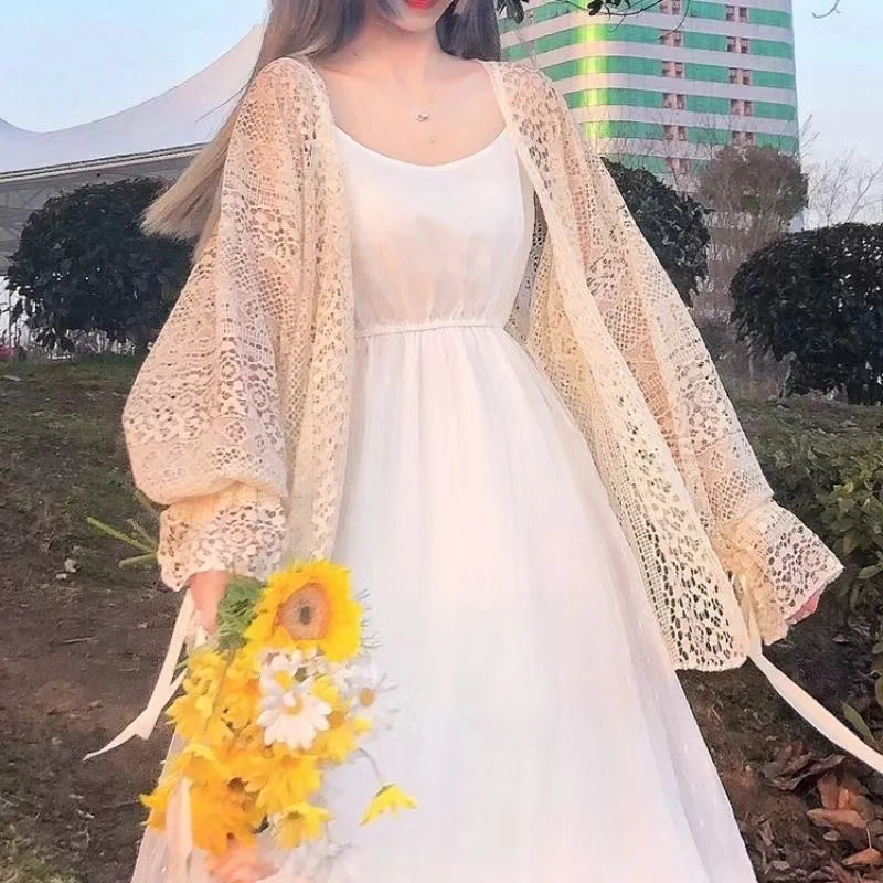 2024 New Summer Sweet Thin Sunscreen Cardigan Cute Girl Slouchy Lace Cutout Long Sleeve Blouse Simple Solid Color Shawl Jacket