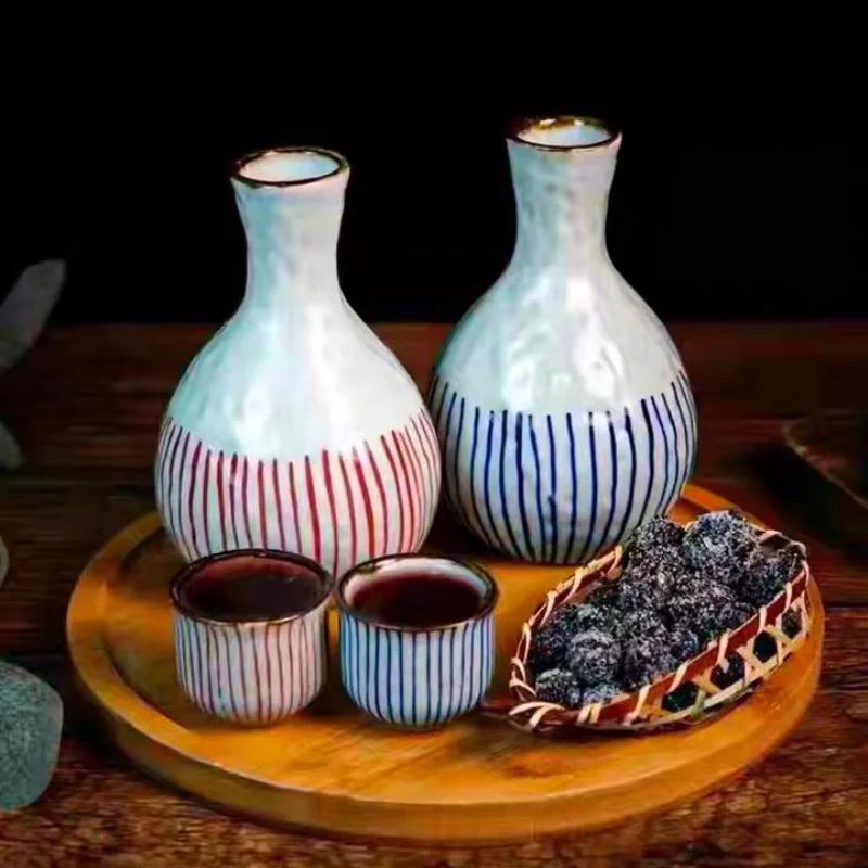 400Ml Round Striped Sake Hip Flask 1 Pot 2/4 Cups Shochu Wine Set Japan Korean Creative Hand-Painted Ceramic Bar Set